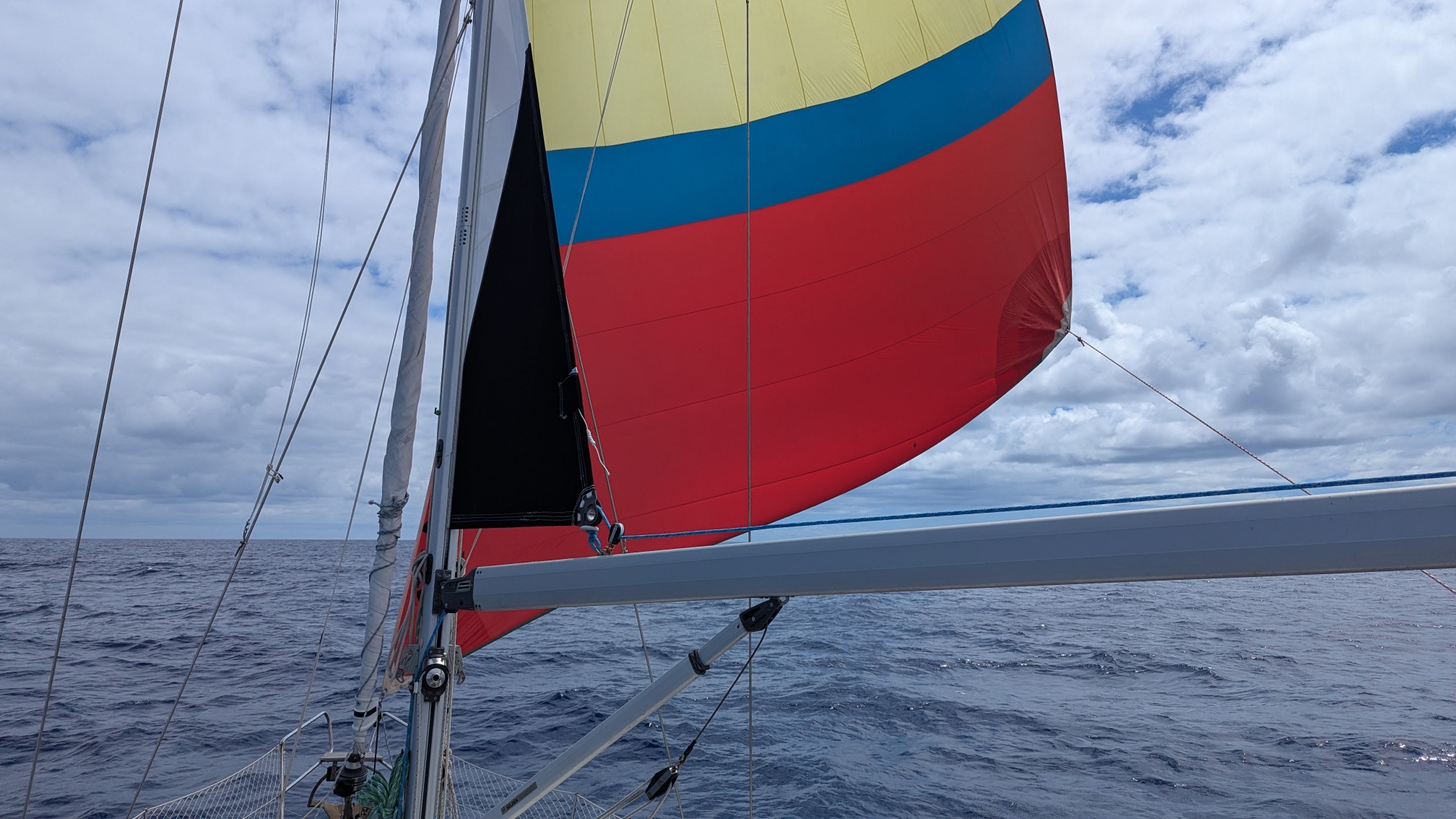 A fairly unexciting show of our spinnaker, with calm seas.